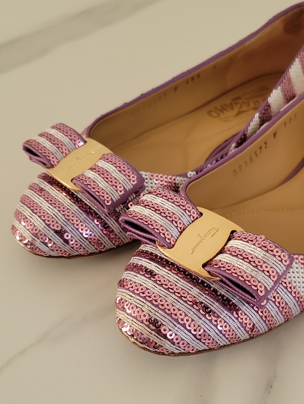 Salvatore Ferragamo Pink & White Sequined Bow Ballet Flats - Picture 11 of 16